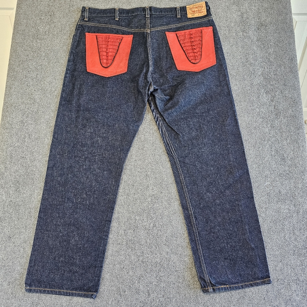 Levi's 505 Jeans Custom ALLIGATOR Leather Pockets 44x32 Dark Straight Denim Y2K
